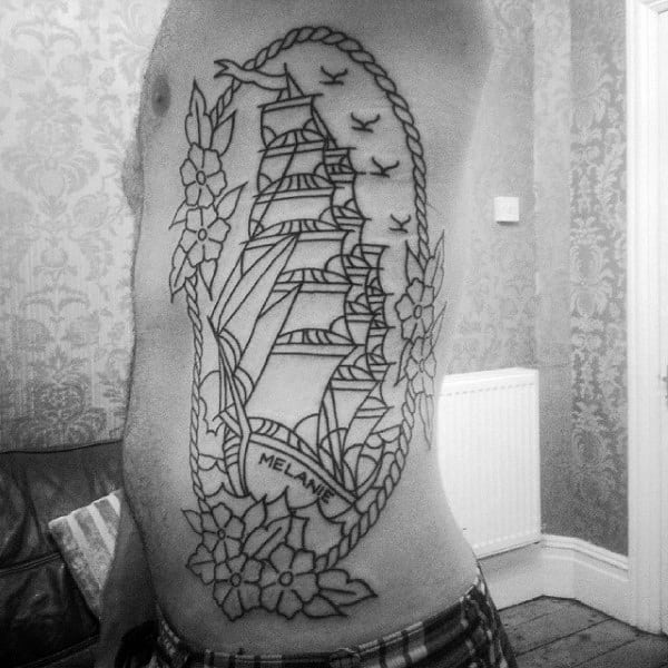 Mens Black Ink Outline Rib Cage Side Traditional Sailing Ship Tattoo Designs