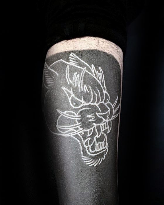 Mens Black Ink Over White Ink Panther Tattoo Blast Over Design On Inner Forearm