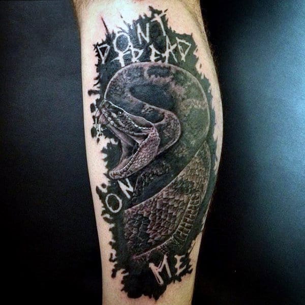 Mens Black Ink Shaded Dont Tread On Me Text And Snake Calf Tattoo