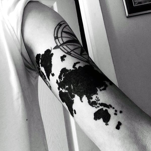 Mens Black Ink Simple Travel Tattoo On Arm With Nautical Star