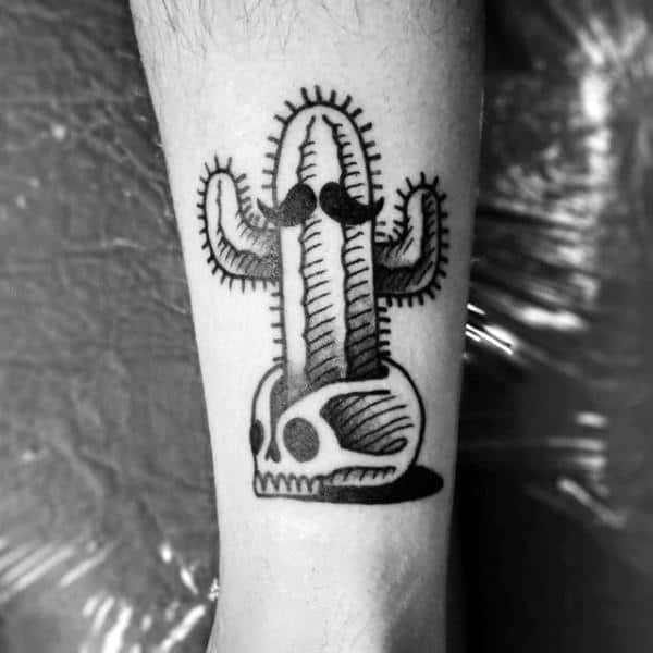 Mens Black Ink Sketched Cactus Tattoo With Skull
