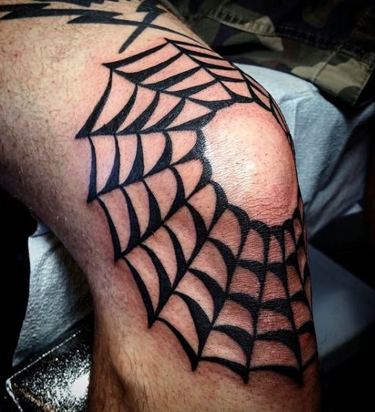 Mens Black Ink Spider Web Knee Tattoo Designs