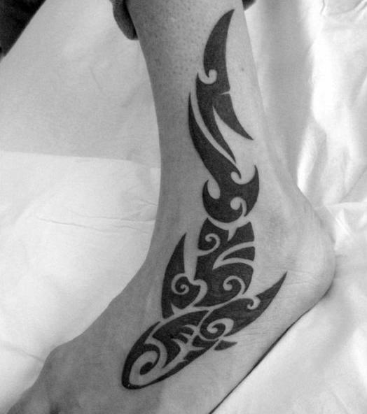 Mens Black Ink Tribal Shark Foot Tattoo