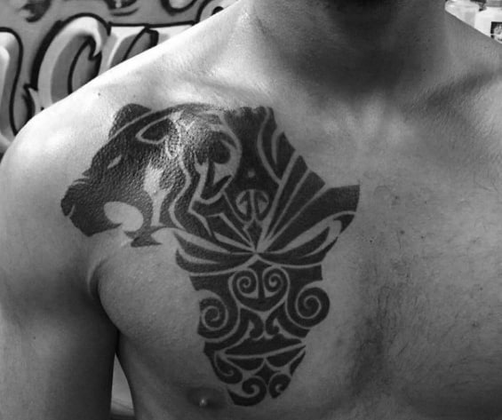 Mens Black Ink Tribal Traditional Africa Chest Tattoo Designs