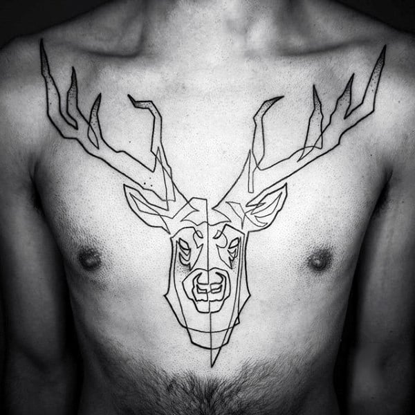 Mens Black Line Tattoo Of Deer On Chest