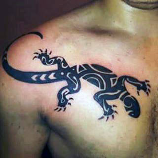 Mens Black Tribal Design Lizard Tattoo On Chest