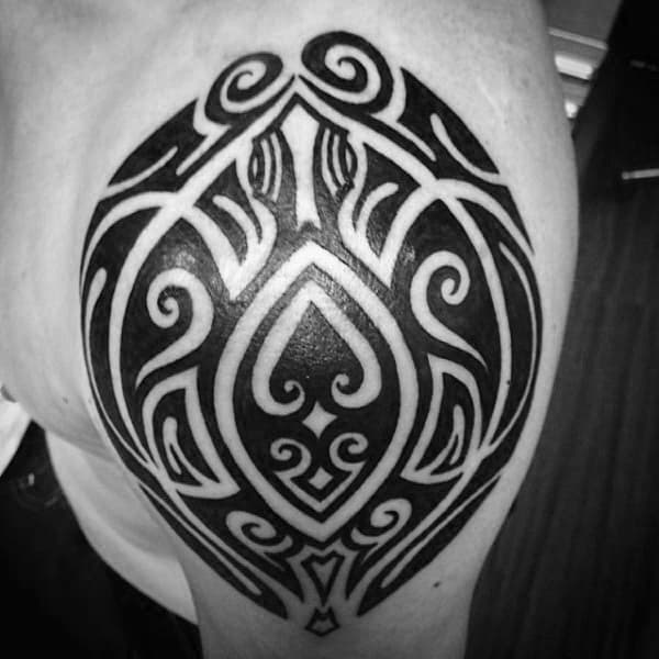 Mens Blackwork Tribal Turtle Shoulder And Arm Tattoos