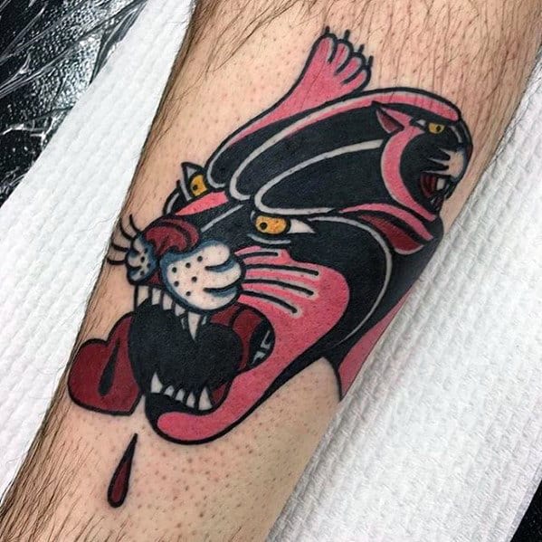 Mens Blank And Pink Traditional Panther Leg Tattoo