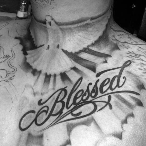 Mens Blessed Sun Rays And Dove Tattoo On Chest