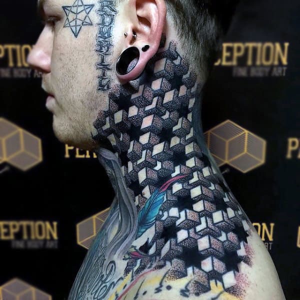 Mens Blocks Optical Illusion Neck And Shoulder Tattoo Design