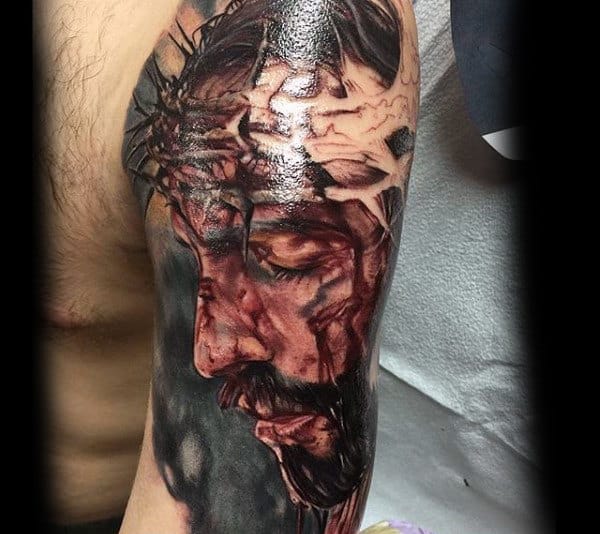 Mens Bloody Jesus Christ Arm Half Sleeve Tattoo