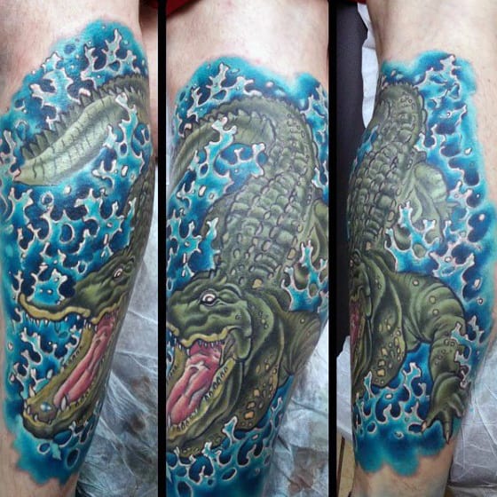 Mens Blue And Green Ferocious Water Alligator Tattoo
