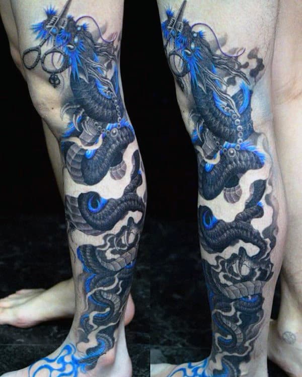 Mens Blue Dragon Scissor Leg Sleeve Tattoos