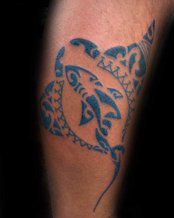 Mens Blue Ink Tribal Manta Ray Leg Tattoo Design Ideas