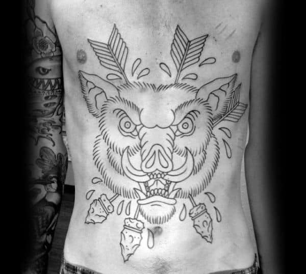 Mens Boar Head Arrows Black Ink Outline Lower Chest And Stomach Tattoo