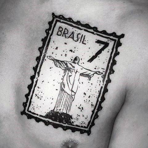 Mens Brasil Postage Stamp Tattoo Design Ideas On Upper Chest