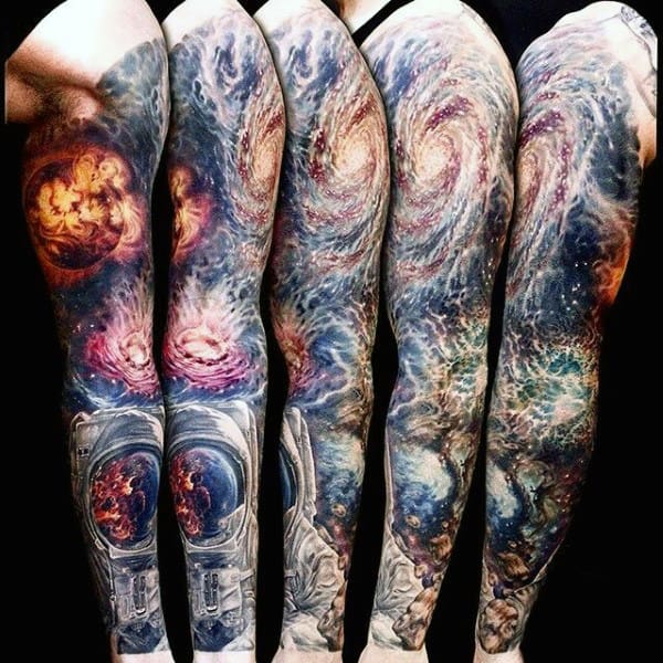 Mens Brilliant Cosmos And Astronaut Tattoo Sleeves