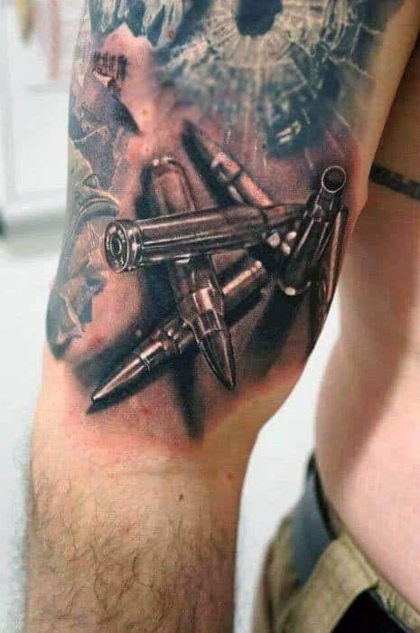 Mens Broken Glass Bullets Outer Arm Tattoo Design Inspiration
