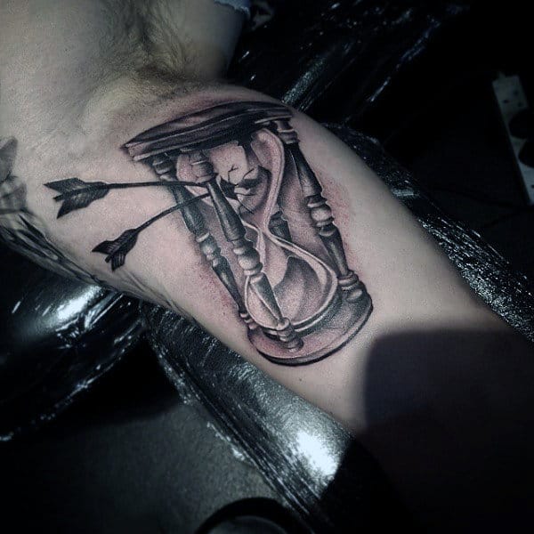 Mens Broken Hourglass Tattoo With Arrows On Bicep