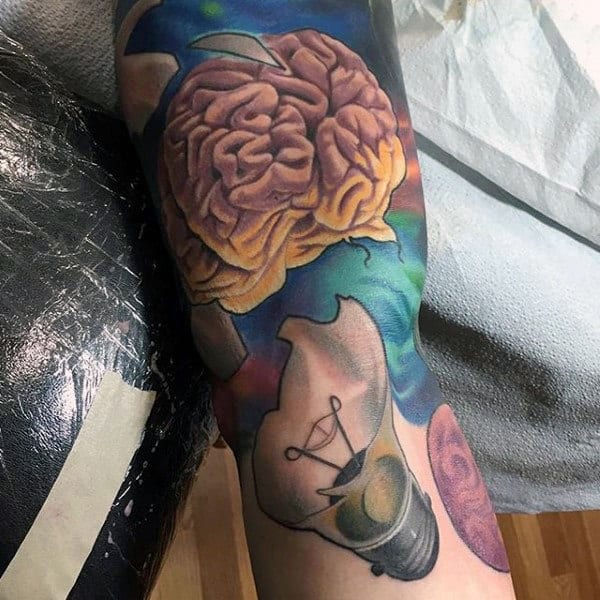Mens Broken Light Bulb Brain Arm Tattoos
