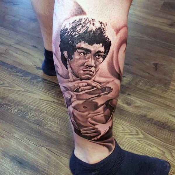 Mens Bruce Lee Leg Sleeve Tattoo Ideas