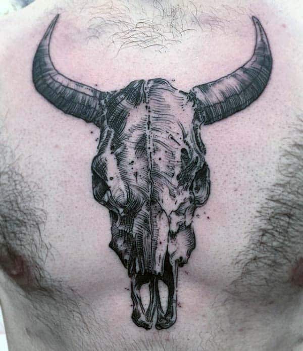 Mens Bull Skull Tattoo On Center Of Chest