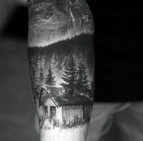 Men's Cabin In The Woods Pine Tree Tattoo