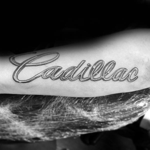 Mens Cadillac Logo Script Word Tattoo On Forearm