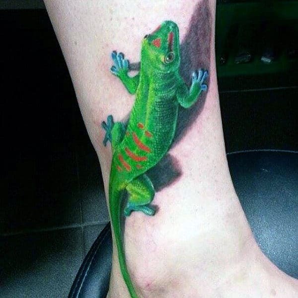 Mens Calves 3D Green Ink Lizard Tattoo
