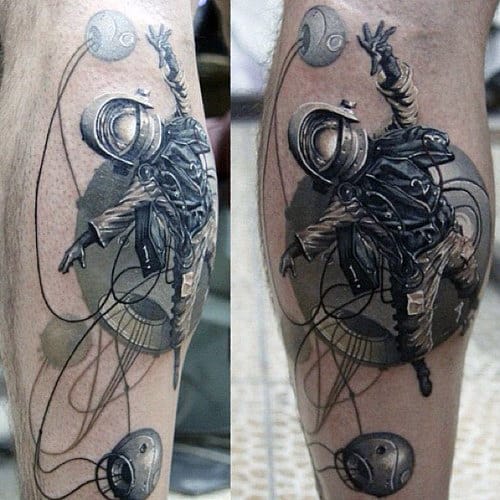 Mens Calves Astronaut With Wiring Tattoo