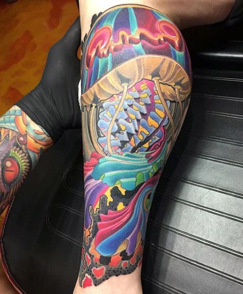 Mens Calves Colorful Jellyfish Tattoo