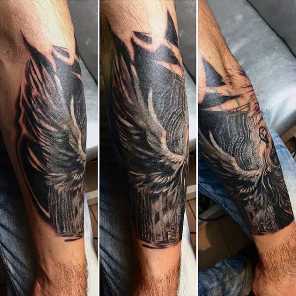 Mens Calves Dark Winged Guardian Angel Tattoo