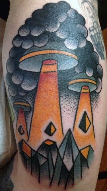 Mens Calves Grey Clouds And Bright Ufo Tattoo