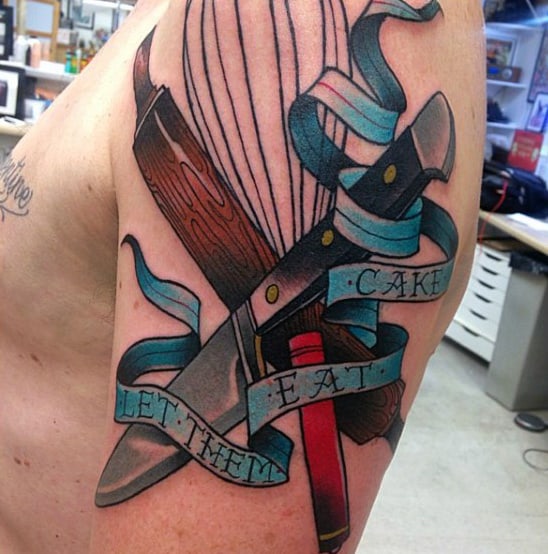 Mountain range on the blade of a chef knife. tattoo idea | TattoosAI
