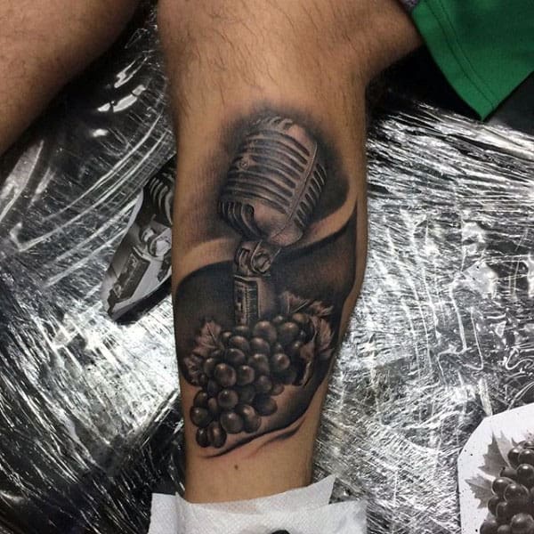 Mens Calves Microphone And Grapes Tattoo