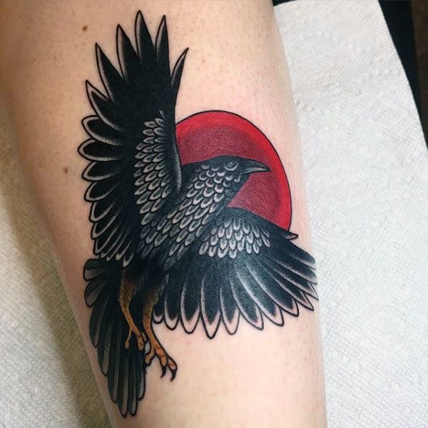 Mens Calves Raven And Red Sun Tattoo