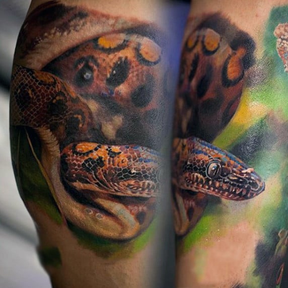 Mens Calves Spectacular Shiny Snake Tattoo Realism
