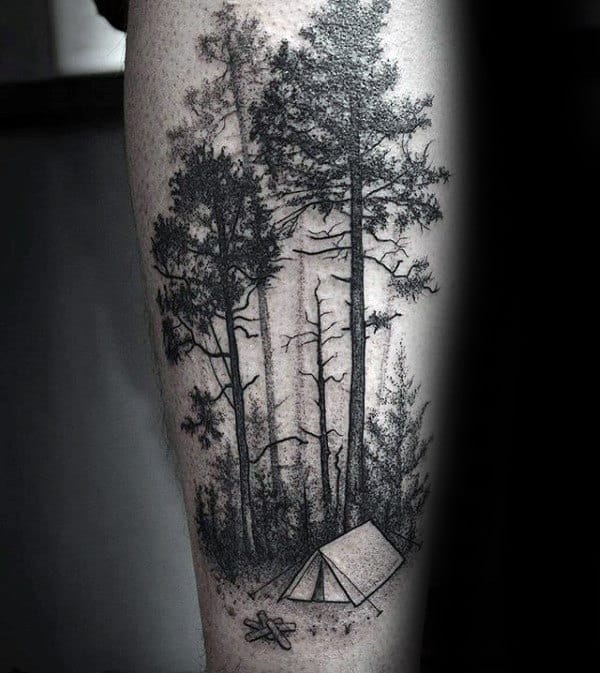 Mens Camping Tent In Forest Arm Tattoos
