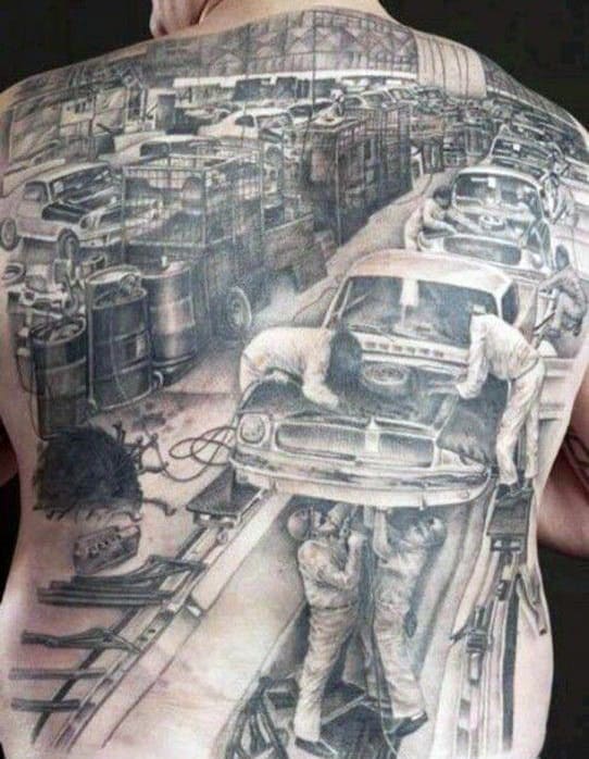 Men's Car Assembly Line Tattoo On Back