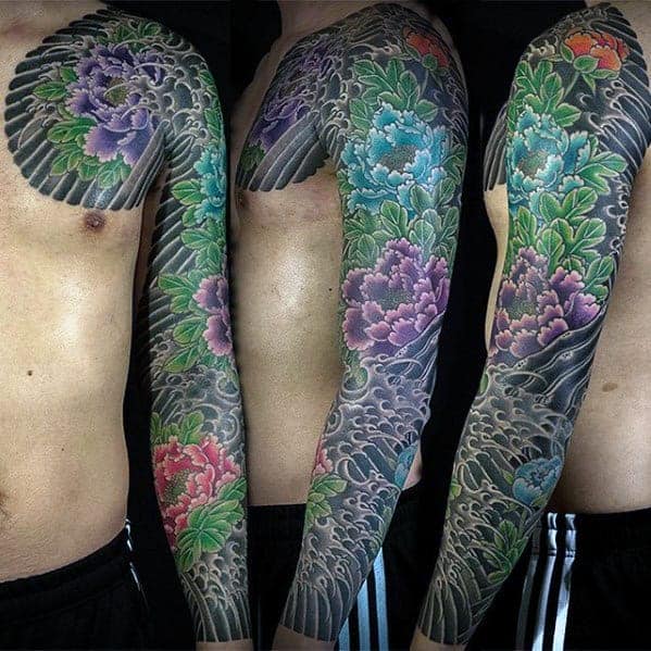 mens-carnation-japanese-flower-full-sleeve-tattoos