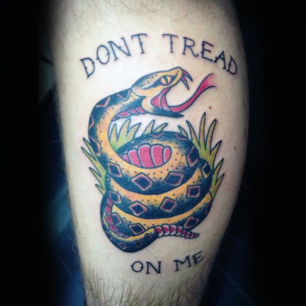 Mens Cartoon Style Dont Tread On Me Text And Snake Calf Tattoo