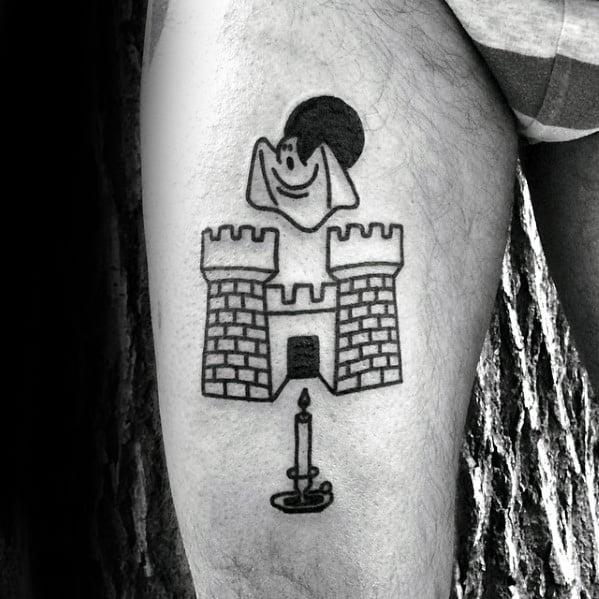 Mens Castle With Ghoast Cool Simple Tattoo On Thigh