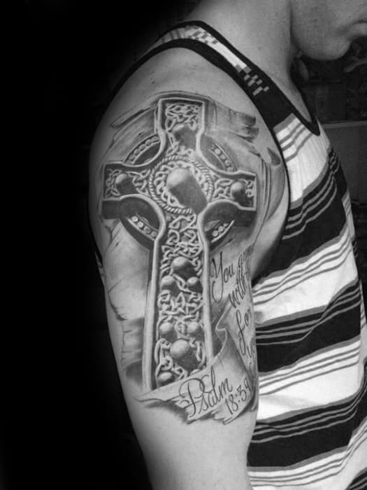 Mens Celtic Cross Realistic 3d Tattoo Ideas On Upper Arm