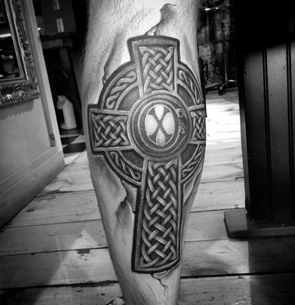 Mens Celtic Knot Cross Leg Calf Tattoos