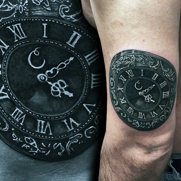 Mens Charcoal Black Pocket Watch Tattoo On Arms