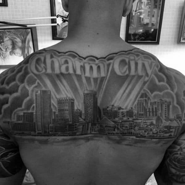 Mens Charm City Skyline Upper Back Tattoo