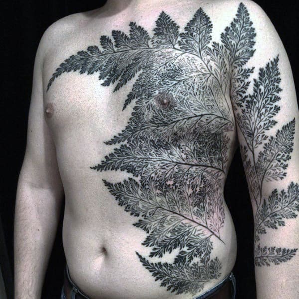 Mens Chest And Rib Cage Side Fern Tattoos