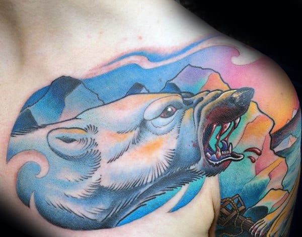 Mens Chest And Shoulder Colorful Polar Bear Tattoo Designs