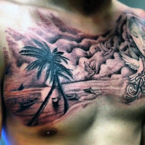Mens Chest Beach Tattoo With Flying Doves