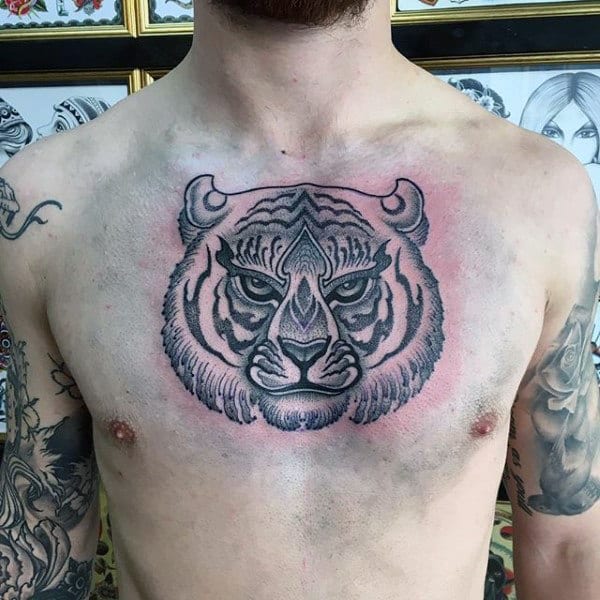 Mens Chest Beastly Tiger Dotwork Tattoo